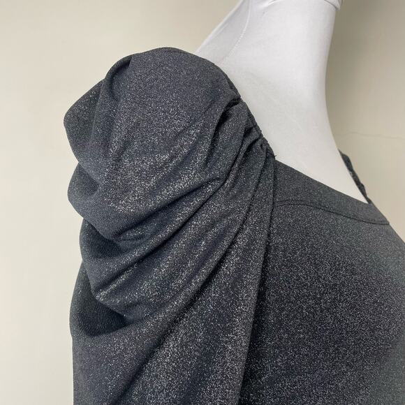 Open Edit Black Metallic Puff Sleeve Sparkle Evening Top - Size Medium - Picture 5 of 7